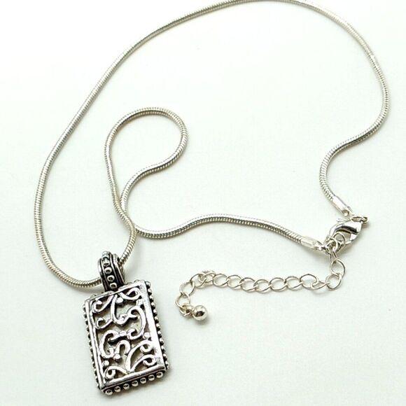 Mother of Pearl Encased in Openwork Scrolled Rectangular Pendant Necklace 18-21" - Picture 9 of 10